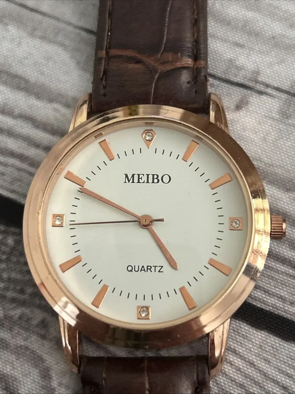 Meibo Rose Gold Tone Brown Band Quartz Watch